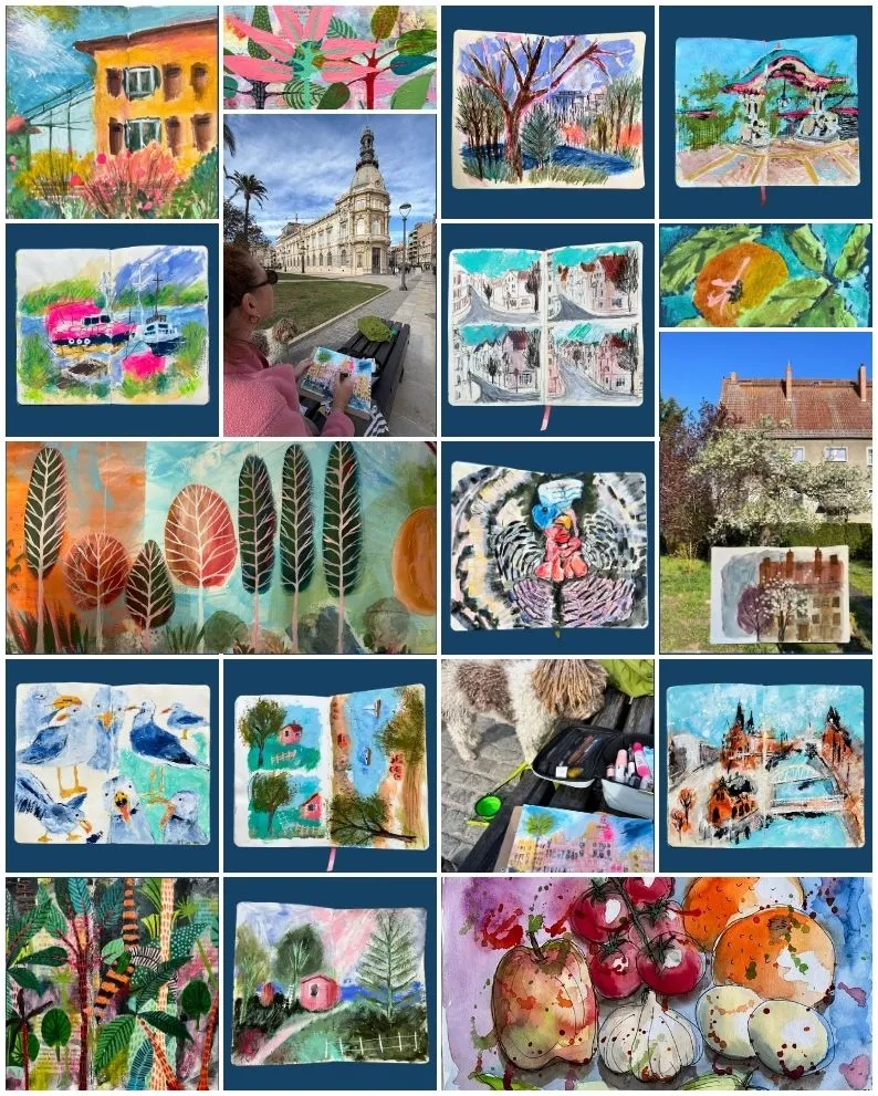 Superstories by Angélica Colomine – Artwork – Collection of sketchbook pages featuring watercolor landscapes, cityscapes, nature, and urban sketches.