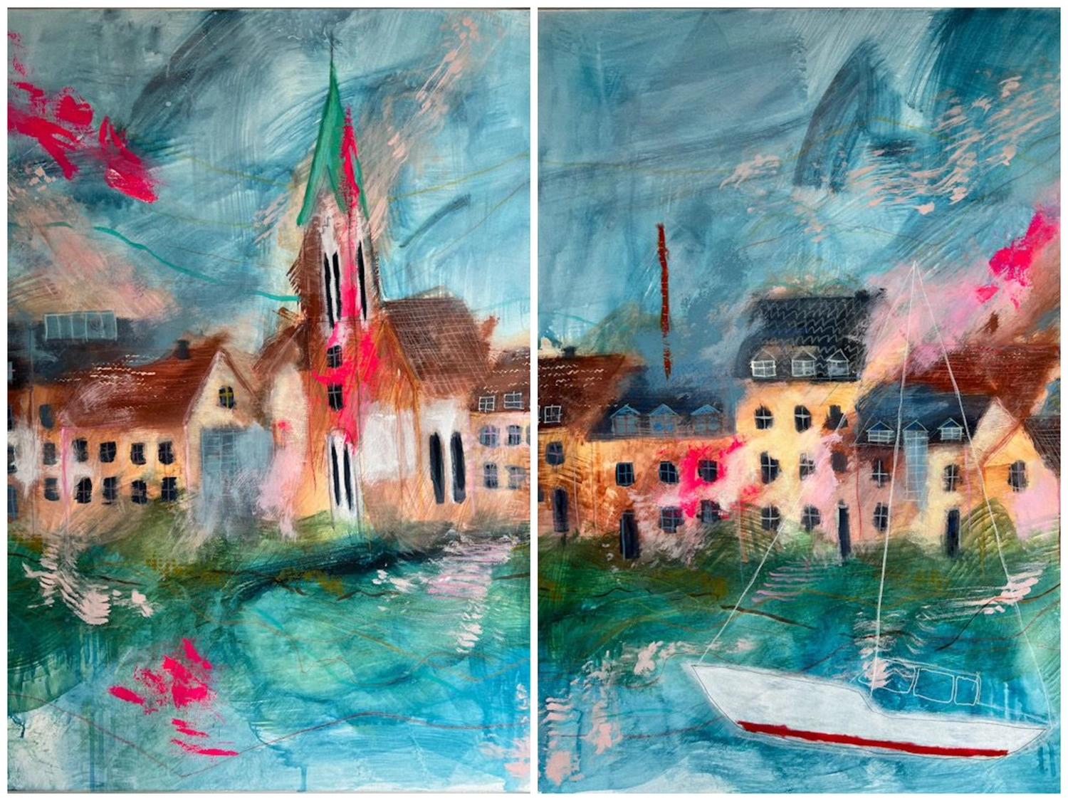 Superstories by Angélica Colomine – Artwork – Abstract painting of a colorful European village with a church and sailboat.